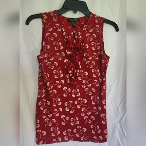 Ralph Lauren Burgundy White Floral Sleeveless Ruffle Blouse Petite S Y2K Vintage